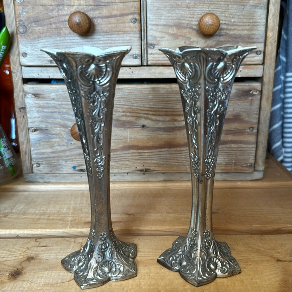 Vintage Set Of Two Condisco E.P Antimony Silver Bud vases